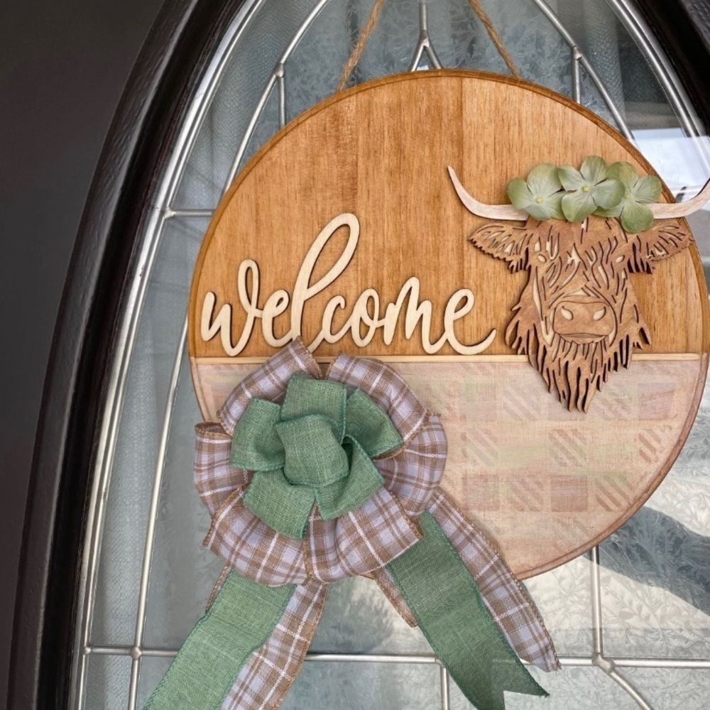 Highland Cow - Wood Front Door Welcome Sign, Brown, green and white with bow New